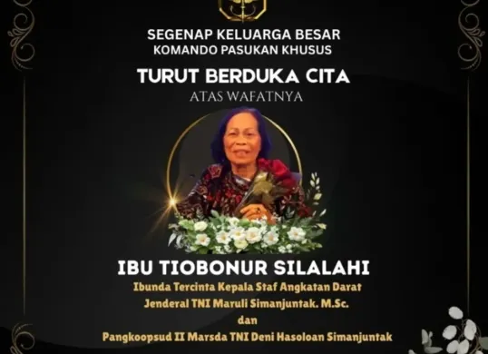 Ibunda KASAD Jenderal TNI Maruli Simanjuntak, Ibu Tiobonur Silalahi, wafat 21 April 2025. Kopassus sampaikan duka mendalam dan doa agar keluarga diberi kekuatan dalam masa berduka. (Sumber: Capture Instagram resmi @penkopassus)