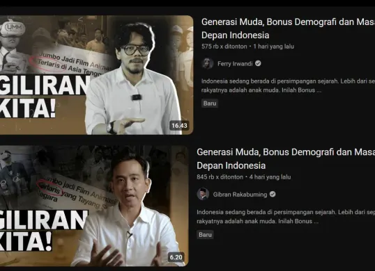 Perbandingan Thumbnail dua video Gibran Rakabuming dan Ferry Irwandi (Sumber: Youtube/Ferry Irwandi/Gibran Rakabuming)