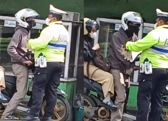 Momen seorang oknum polisi diduga melakukan pungli kepada pengendara motor saat razia di Sumedang. (Sumber: Tangkap Layar Instagram/@fakta.indo)