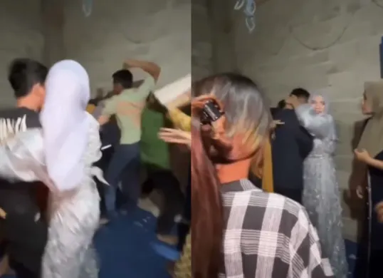 Momen seorang pengantin pria dikeroyok oleh sejumlah orang dari keluarga pengantin perempuan. (Sumber: Tangkap Layar Instagram/@funnelmedia)