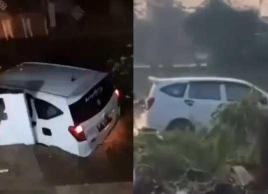 Sebuah mobil warga terseret arus banjir bandang yang terjadi di Perumahan Puri Permata Residence, Desa Hegarmanah, Kecamatan Karangtengah, Kabupaten Cianjur pada Sabtu malam, 26 April 2025. (Sumber: Capture Instagram @InfoCianjur)