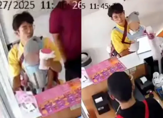 Momen seorang pria sambil gendong bayi mencuri HP di outlet minuman di Tangerang. (Sumber: Tangkap Layar Instagram/@info_ciledug)