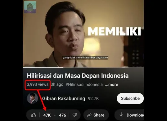 Tangkapan layar diduga jumlah like dan penonton tidak imbang dari unggahan video YouTube milik Wapres Gibran. (Sumber: X/@MurtadhaOne)