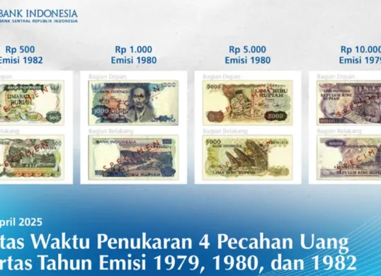 Bank Indonesia menarik 4 jenis uang kertas lawas dari peredaran. Ketahui pecahan mana saja yang harus segera ditukar sebelum batas waktu 30 April 2025. (Sumber: Dok. Bank Indonesia)