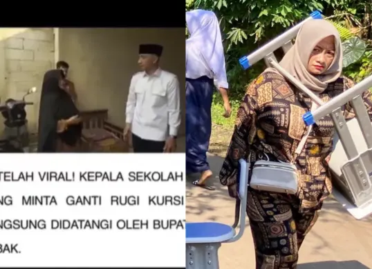 Ibu dari siswi SDN 1 Pasir Tangkil membawa meja dan kursi sendiri ke sekolah setelah diminta mengganti fasilitas yang rusak, kasus ini memicu simpati dan intervensi Bupati Lebak. (Sumber: Twitter/@kegblgnunfaedh)