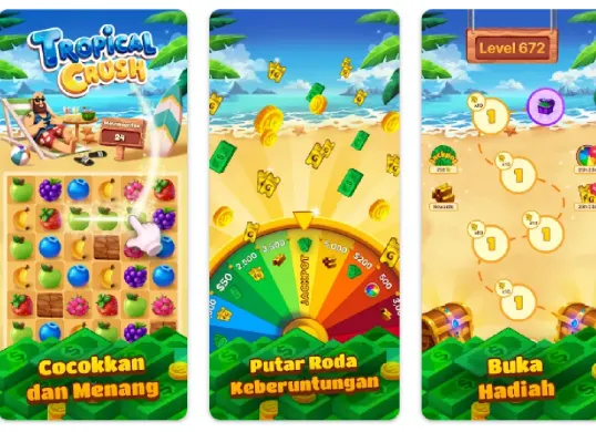 Dapat cuan dari game penghasil uang yang dapat diunduh di Google Play, Tropical Crush. (Sumber: Google Play Store/Tropical Crush)