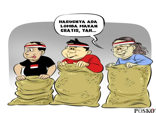 Ilustrasi tiga sahabat menjadi peserta lomba balap karung menyambut HUT ke-80 RI, salah satunya melontarkan candaan, “Harusnya ada lomba makan gratis, yah...” sebagai sindiran ringan atas realitas sosial masyarakat. (Sumber: Poskota/Arif Setiadi)
