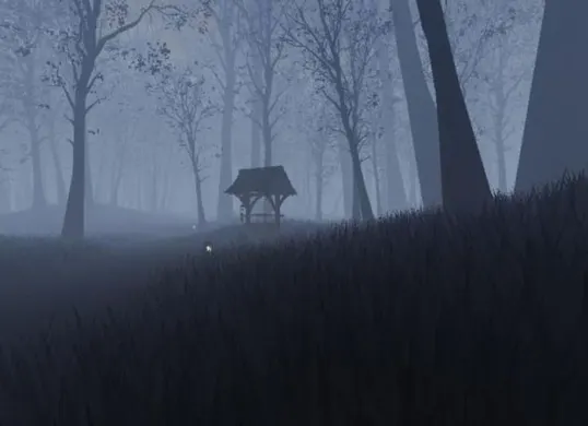 Suasana mencekam di puncak gunung dalam salah satu map horor Roblox 2025, dengan kabut tebal dan cahaya senter yang redup menambah ketegangan. (Sumber: Pinterest)