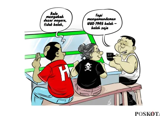 Ilustrasi obrolan warteg menggambarkan diskusi tentang konstitusi, menegaskan bahwa dasar negara tidak boleh diubah, namun amandemen UUD 1945 tetap dimungkinkan. (Sumber: Poskota/Arif Setiadi)
