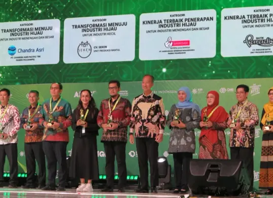 Menteri Perindustrian RI, Agus Gumiwang, memberikan penghargaan kepada perusahaan pada ajang Annual Indonesia Green Industry Summit (AIGIS) 2025. (Sumber: Istimewa)