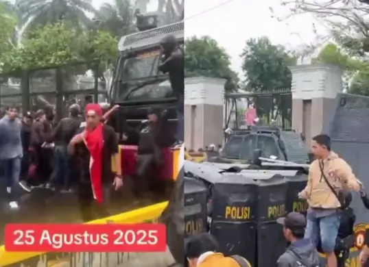 Aksi unjuk rasa di depan gedung DPR RI ricuh, aparat semprot demonstran dengan water cannon. (Sumber: X)