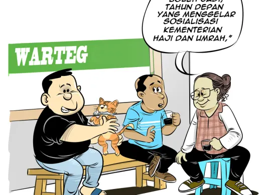 Obrolan santai di warteg membahas rencana pembentukan Kementerian Haji dan Umrah yang akan menggantikan peran BPH, termasuk persiapan penyelenggaraan ibadah haji pasca Lebaran. (Sumber: Poskota/Arif Setiadi)
