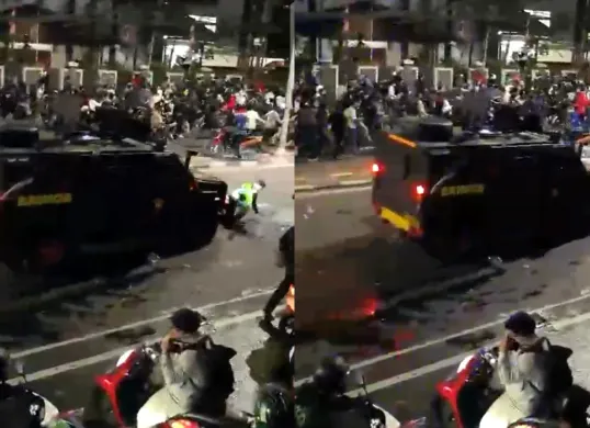Tangkap layar driver ojol dilindas kendaraan taktis (rantis) yang digunakan untuk membubarkan massa aksi unjuk rasa.