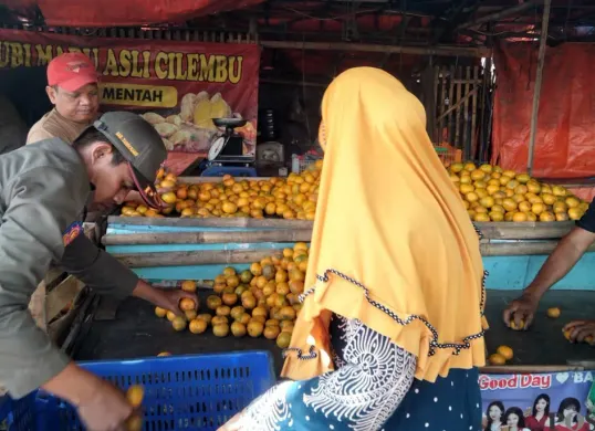 Aktivitas pedagang jeruk medan di Pasar Sentiong Balaraja, Kecamatan Balaraja, Kabupaten Tangerang, Senin, 8 Desember 2025. (Sumber: POSKOTA | Foto: Veronica Prasetio)