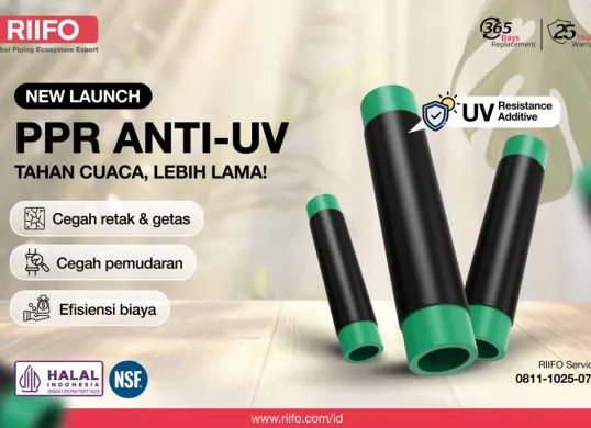 Produk Pipa PPR Anti-UV dari RIIFO yang dilengkapi aditif tahan sinar ultraviolet, dirancang untuk mencegah retak, pemudaran, dan meningkatkan efisiensi biaya pada instalasi saluran air luar ruangan. (Sumber: Istimewa)
