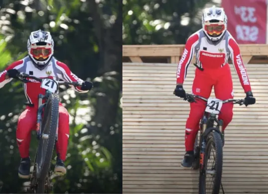Rendy Varera melaju di lintasan MTB Downhill SEA Games 2025, Khao Kheow Open Zoo, Thailand momen saat ia mencatatkan personal best dan mempersembahkan medali perak bagi Indonesia. (Sumber: Dok/NOC Indonesia)