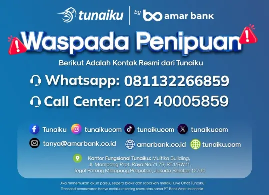 Informasi kontak resmi Tunaiku by Amar Bank yang ditampilkan sebagai imbauan waspada penipuan, meliputi layanan WhatsApp, call center, media sosial resmi, email, dan alamat kantor. (Sumber: Istimewa)