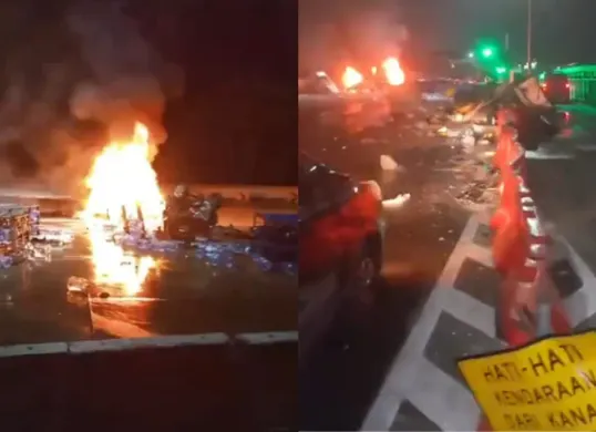 Kecelakaan maut melibatkan 6 kendaraan terjadi di Gerbang Tol Ciawi 2, Bogor, Jawa Barat, pada Selasa, 4 Februari 2025, sekitar pukul 23.30 WIB. (Sumber: X/@MS_NOBODY_REAL)