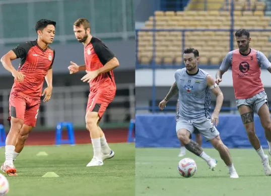 Para pemain Persija (kiri) dan Persib (kanan) sedang melakukan sesi latihan jelang laga yang akan digelar pada Minggu, 16 Februari 2025. (Sumber: Instagram/@persija dan @persib)