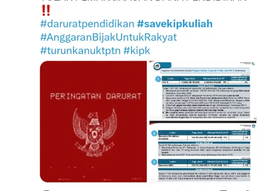 Warganet kompak serukan tagar save KIP Kuliah untuk tolak efisiensi anggaran pendidikan. (Sumber: X/@bluegazings)