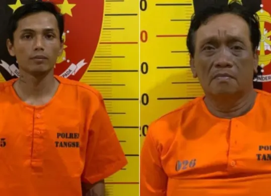 Begini wajah dua preman yang memalak guru dan orangtua siswa TK di Pamulang ketika sedang berlatih marching band, kini berhasil diringkus Polres Tangsel. (Sumber: Dok Polres Tangsel)