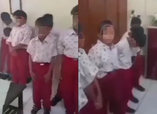 Siswa SD di Kediri tertunduk saat terciduk guru seusai diduga meracik miras oplosan. (Sumber: Tangkap Layar X/@heraloebss)