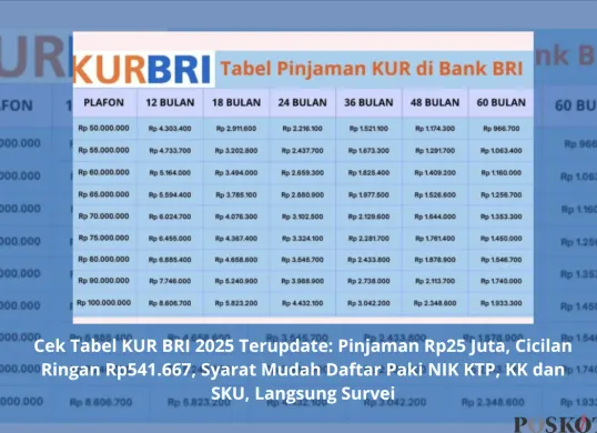 Simulasi tabel angsuran KUR BRI 2025 dengan plafon Rp25 juta dan tenor hingga 5 tahun. (Sumber: Poskota/Yusuf Sidiq)