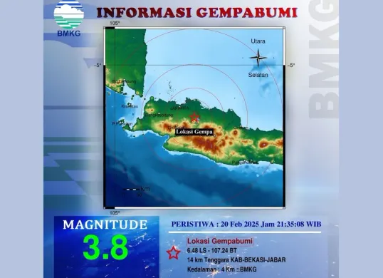 Gempa malam ini terjadi di Kabupaten Bekasi Jawa Barat pukul 21.35 WIB, Kamis 20 Februari 2025. (BMKG)