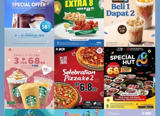 Promo makanan dan minuman spesial HUT BCA ke-68 mulai 21-22 Februari 2025 (Sumber: Instagram/@promo.nasional)