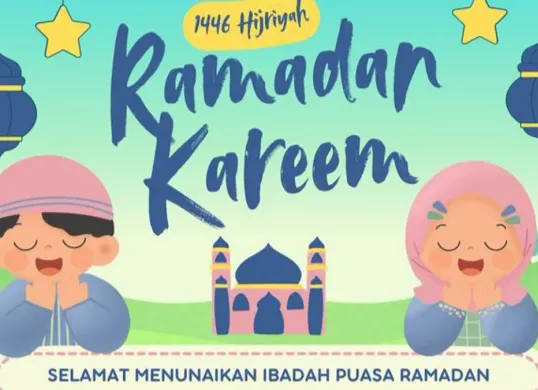 Poster Ramadhan 2025 bertema kartun lucu dan penuh warna, sempurna untuk menyambut bulan suci dengan suasana ceria. (Sumber: Pinterest/Aesthetic Project - Canva Designer)