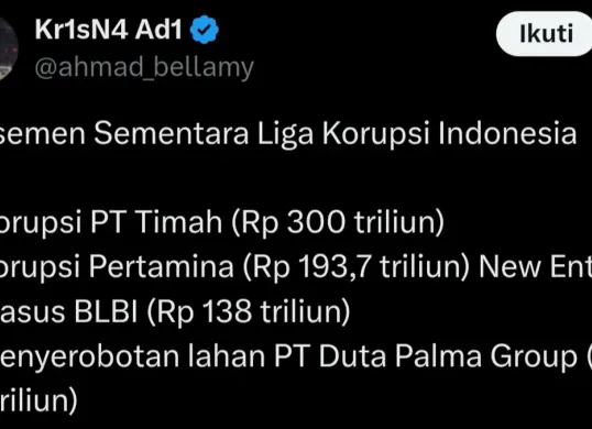 Klasemen Liga Korupsi Indonesia yang ramai diperbincangkan warganet. (Sumber: X/@ahmad_bellamy)