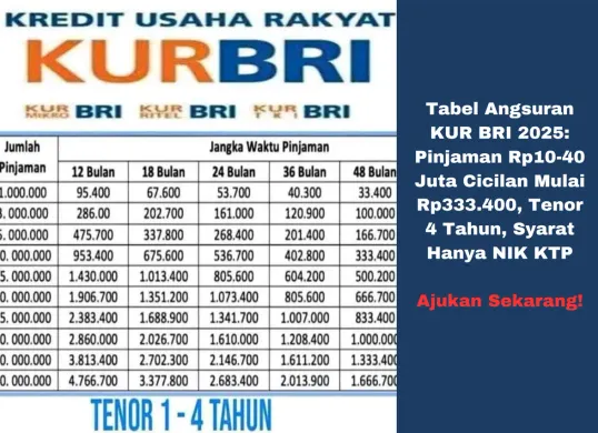 Tabel angsuran KUR BRI 2024: Solusi pinjaman usaha dengan bunga ringan, mulai Rp333.400 per bulan.