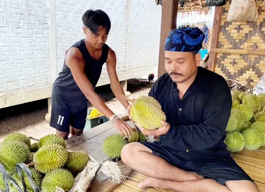 Warga Suku Baduy di Kecamatan Leuwidamar, Kabupaten Lebak, Banten, menjajakan buah durian di depan rumahnya masing-masing. (Sumber: Dok. Warga Ciboleger)