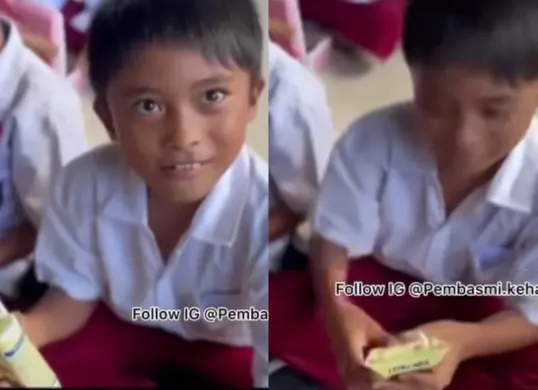 Seorang siswa SD tak menyantap makanan dari program Makan Bergizi Gratis karena teringat ibunya. (Sumber: Tangkap Layar Instagram/@pembasmi.kehaluan.reall)