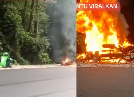 Motor driver ojol di Makassar terbakar di pinggir jalan saat sedang mencari rezeki. (Sumber: Tangkap Layar TikTok/@adyjie05)