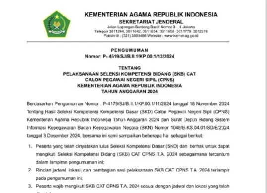Link download cek pengumuman hasil akhir CPNS KEmenag 2024 lulus SKB-SKD hasil akhir seleksi resmi Kementerian Agama, download pdfnya di sini (Sumber: Dok/Kemenag)