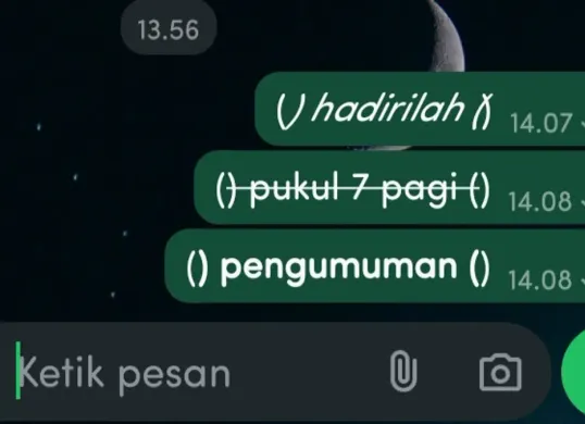 Tingkatkan komunikasi di WhatsApp dengan membuat tulisan tebal, miring, atau tercoret. Simak tutorial lengkapnya. (Sumber: Poskota/Neni Nuraeni/WhatsApp)