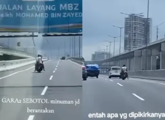 Pengendara motor bonceng tiga masuk Tol Jakarta-Cikampek dan melaju secara ugal-ugalan. (Sumber: Tangkap Layar Instagram/@folkshitt)