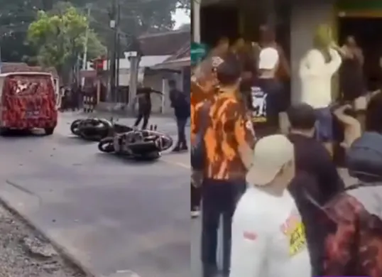 Dua ormas Pemuda Pancasila dan GRIB Jaya bentrok di kawasan Karangjati, Blora, Jawa Tengah. (Sumber: Tangkap Layar Instagram/@funnelmedia)