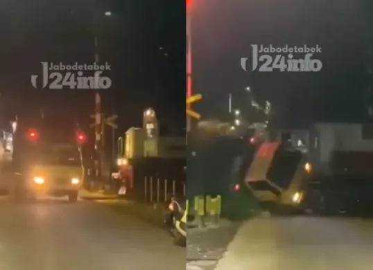Kereta Api Pandanwangi menabrak truk bermuatan kayu di JPL 05, Jurangrejo, Pendarungan, Kecamatan Kabat, Banyuwangi. (Sumber: Tangkap Layar Instagram/@jabodetabek24info)