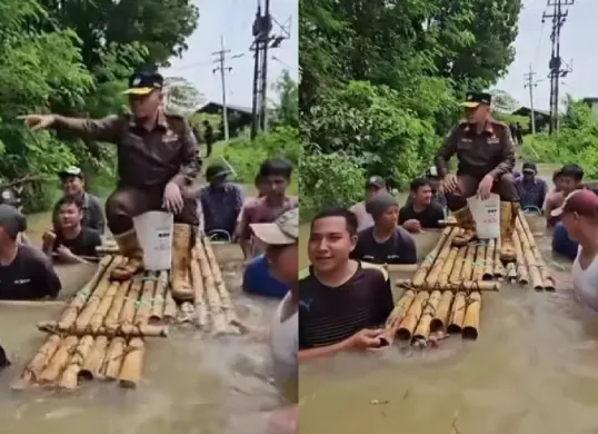 Direktur Utama PDAM di Bangkalan menuai kritikan dari netizen seusai naik rakit didorong oleh warga saat melintasi banjir. (Sumber: Tangkap Layar Instagram/@mood.jakarta, @medsos_rame)