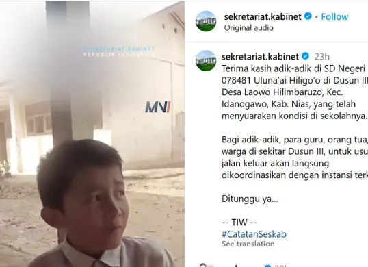Tim Seskab memberikan respons cepat atas permasalahan di SD Negeri 078481 Uluna'ai Hiligo'o di Dusun III, Desa Laowo Hilimbaruzo, Kec. Idanogawo, Kab. Nias. (Sumber: Instagram/@sekretariat.kabinet)