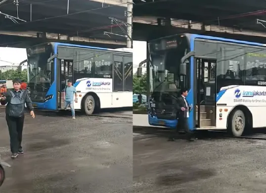 Bus Transjakarta tersangkut di rel kereta api saat palang perlintasan sudah tertutup. (Sumber: Tangkap Layar TikTok/@theblues180)