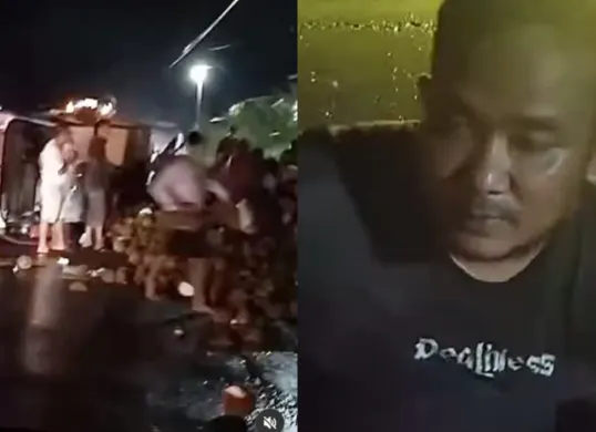 Durian yang dibawa oleh mobil pikap yang terguling di Lampung dijarah oleh warga setempat. (Sumber: Tangkap Layar Instagram/@funnelmedia)