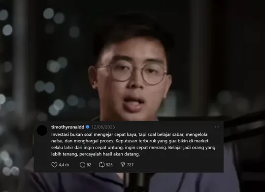 Investasi bukan soal mengejar cepat kaya, tapi soal belajar sabar, mengelola nafsu, dan menghargai proses.”
— Timothy Ronald (Sumber: Instagram/@timothyronald)