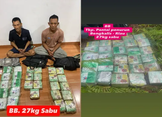 Direktorat Tindak Pidana Narkoba Bareskrim Polri menangkap dua pelak kasus penyelundupan narkotika jenis sabu seberat 27 kilogram dari jaringan Malaysia-Indonesia. (Sumber: Bareskrim Polri)