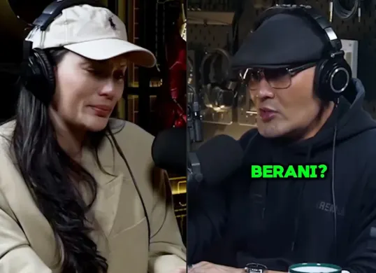 Potret Erika Carlina (kiri) dan Deddy Corbuzier (kanan) saat dalam acara podcast serta bercerita tentang kehamilan Erika. (Sumber: Instagram/@masterdeddycorbuzier)