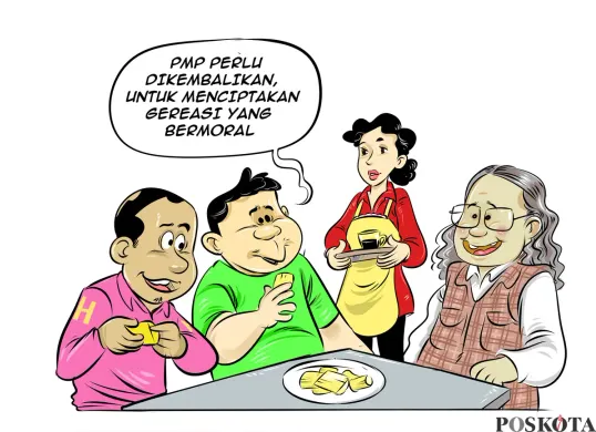 Empat orang berbincang santai di warung makan sambil menikmati kudapan. Salah satu dari mereka menyuarakan pentingnya mengembalikan pelajaran PMP untuk membentuk generasi yang bermoral. (Sumber: Poskota/Arif Setiadi)