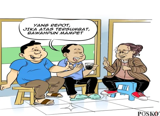 Tiga sahabat asyik berdiskusi santai di warteg sambil menyeruput kopi. Salah satu dari mereka melontarkan sindiran cerdas: “Yang repot, jika atas tersumbat, bawahpun mampet.” (Sumber: Poskota/Arif Setiadi)