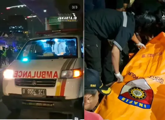 Tangkap layar petugas mengevakuasi pengemudi ojol yang tewas akibat tertabrak mobil Hyundai Ioniq di Jalan Raya Pangeran Antasari, Jakarta Selatan, pada Rabu dini hari, 30 Juli 2025.